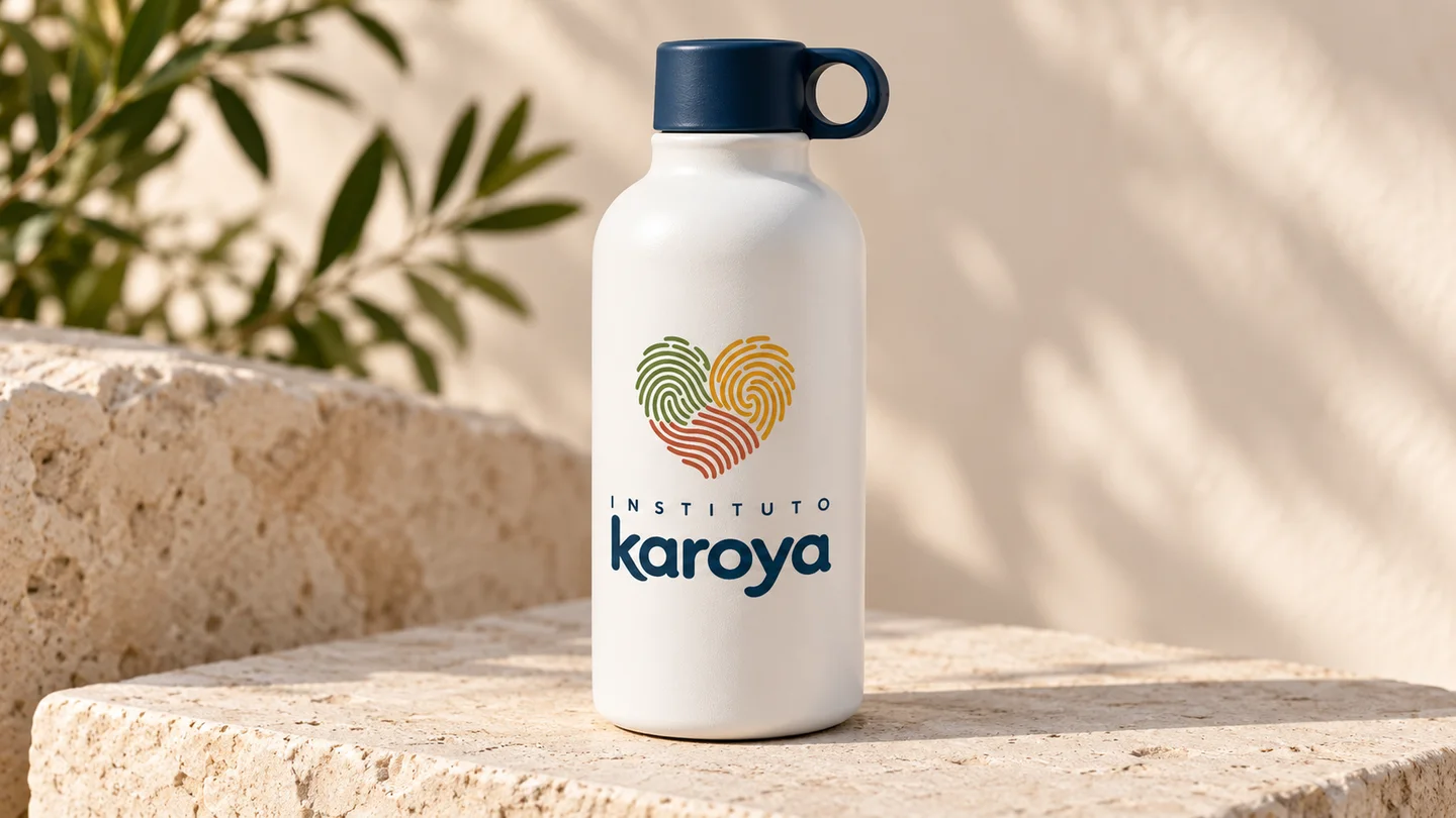 Mockup de squeeze branco com coração e marca Karoya