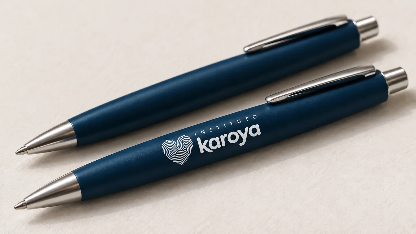 Mockup de canetas azuis com a marca Karoya em branco