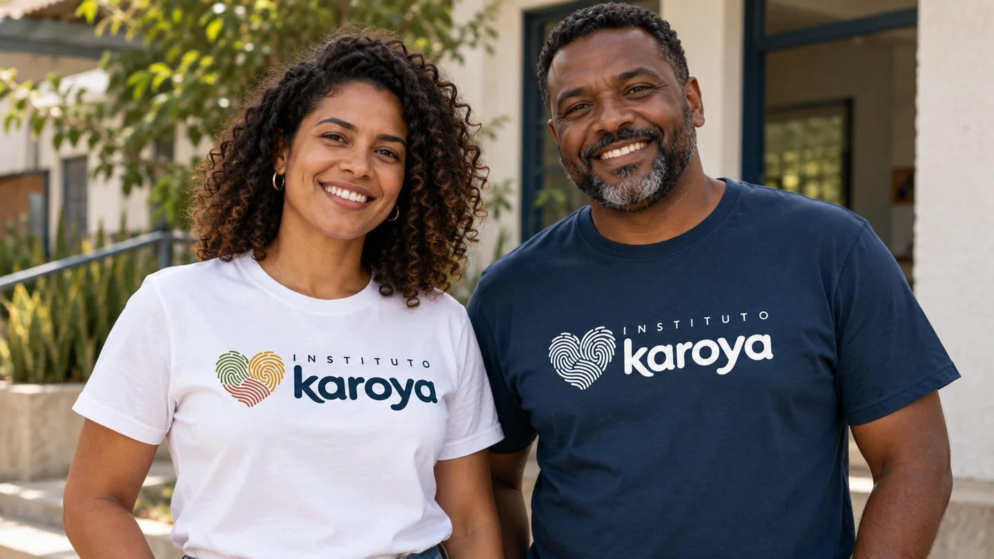 Mockup com duas pessoas vestindo camisetas branca e azul do Instituto Karoya
